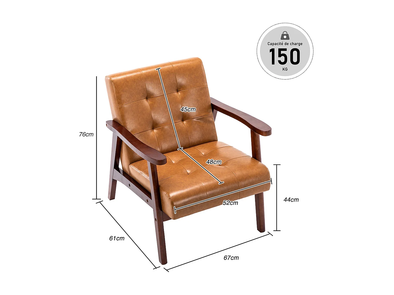 Sillón de Madera Maciza con Diseño Escandinavo Moderno - Cuero Natural Hipoalergénico Gris para Salón, Oficina o Dormitorio, Dimensiones 67x76x76 cm