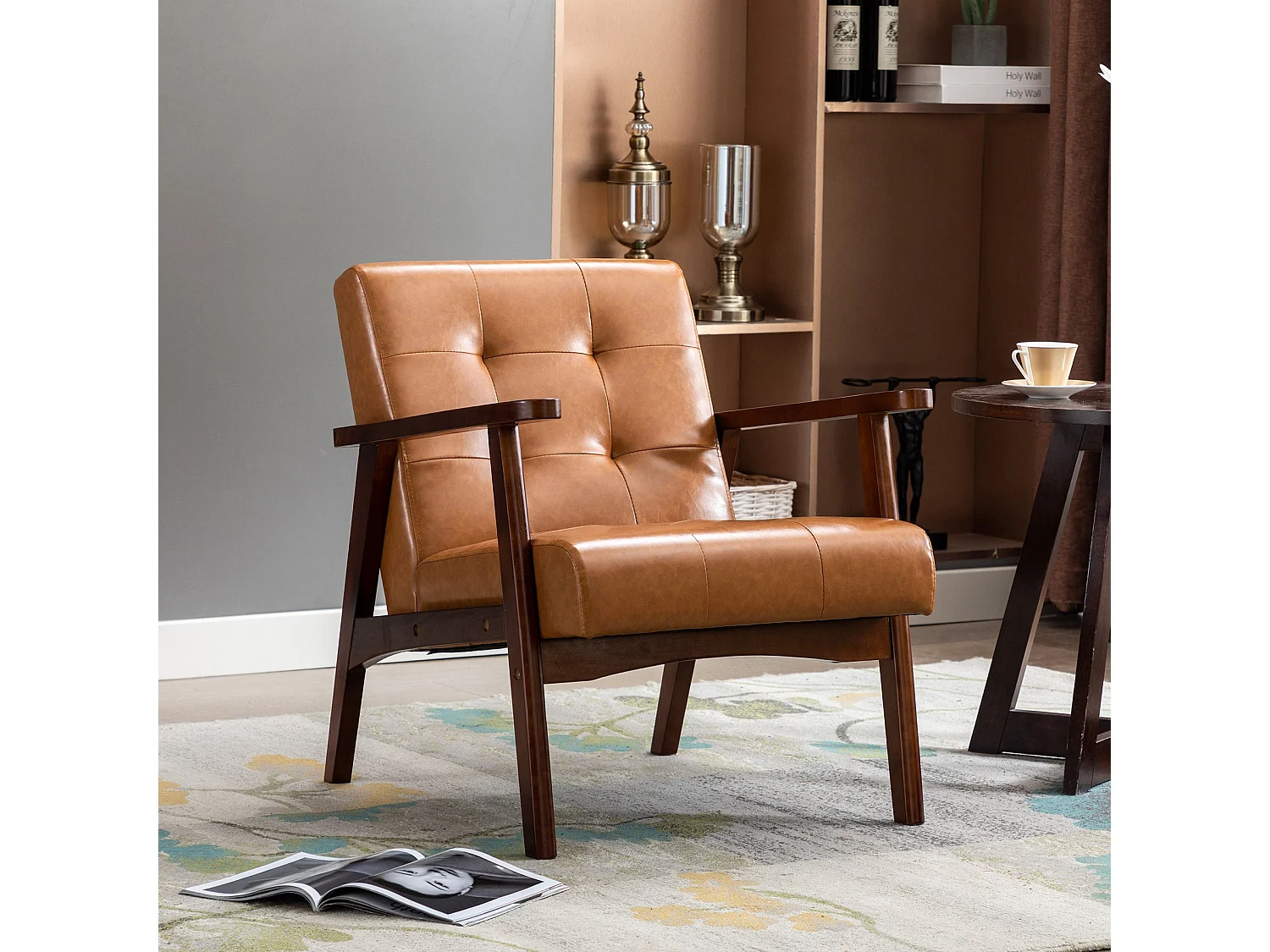 Sillón de Madera Maciza con Diseño Escandinavo Moderno - Cuero Natural Hipoalergénico Gris para Salón, Oficina o Dormitorio, Dimensiones 67x76x76 cm