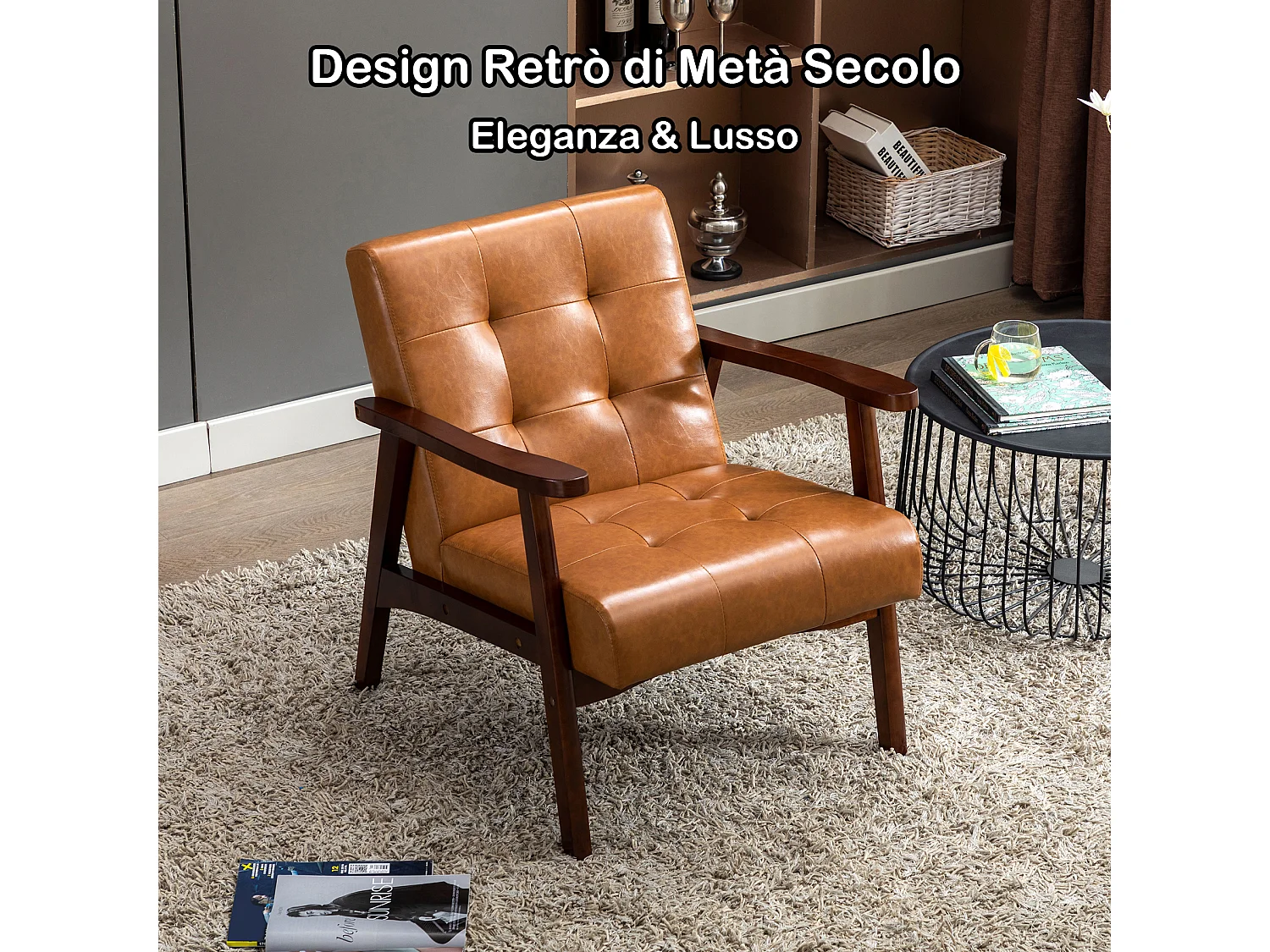 Sillón de Madera Maciza con Diseño Escandinavo Moderno - Cuero Natural Hipoalergénico Gris para Salón, Oficina o Dormitorio, Dimensiones 67x76x76 cm