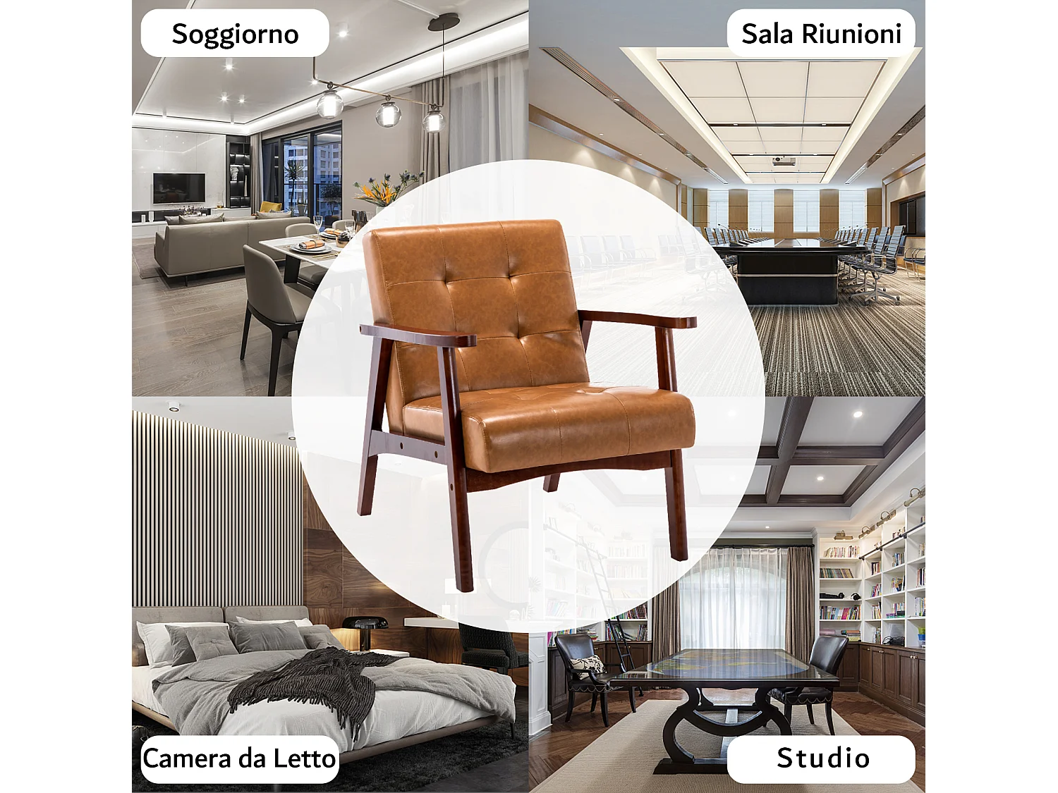 Sillón de Madera Maciza con Diseño Escandinavo Moderno - Cuero Natural Hipoalergénico Gris para Salón, Oficina o Dormitorio, Dimensiones 67x76x76 cm