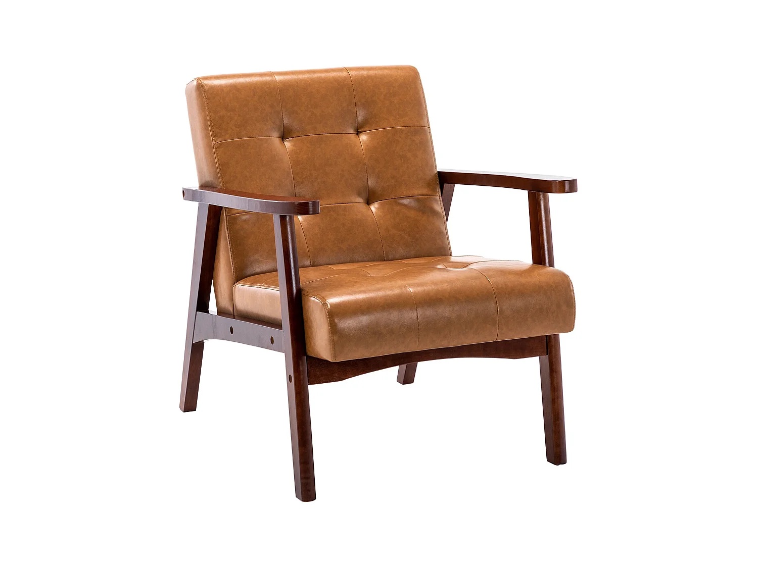 Scandinavisch design houten fauteuil met karamelleer - L 67 x B 76 x H 76 cm