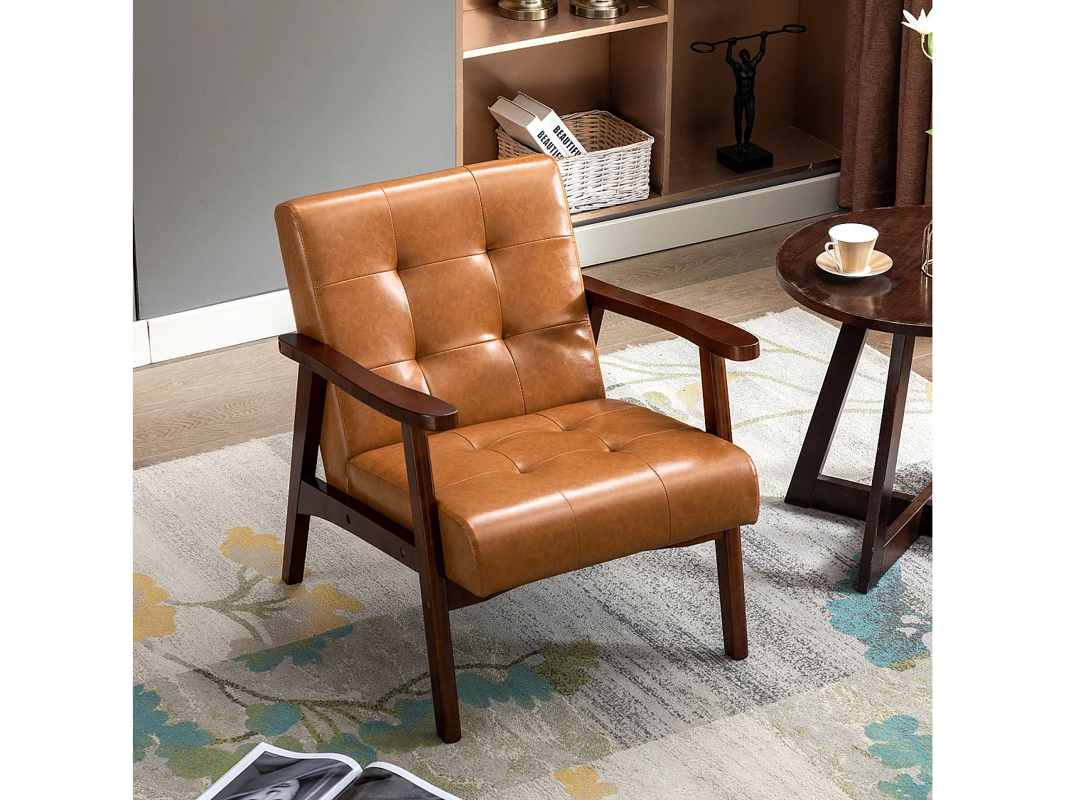 Scandinavisch design houten fauteuil met karamelleer - L 67 x B 76 x H 76 cm