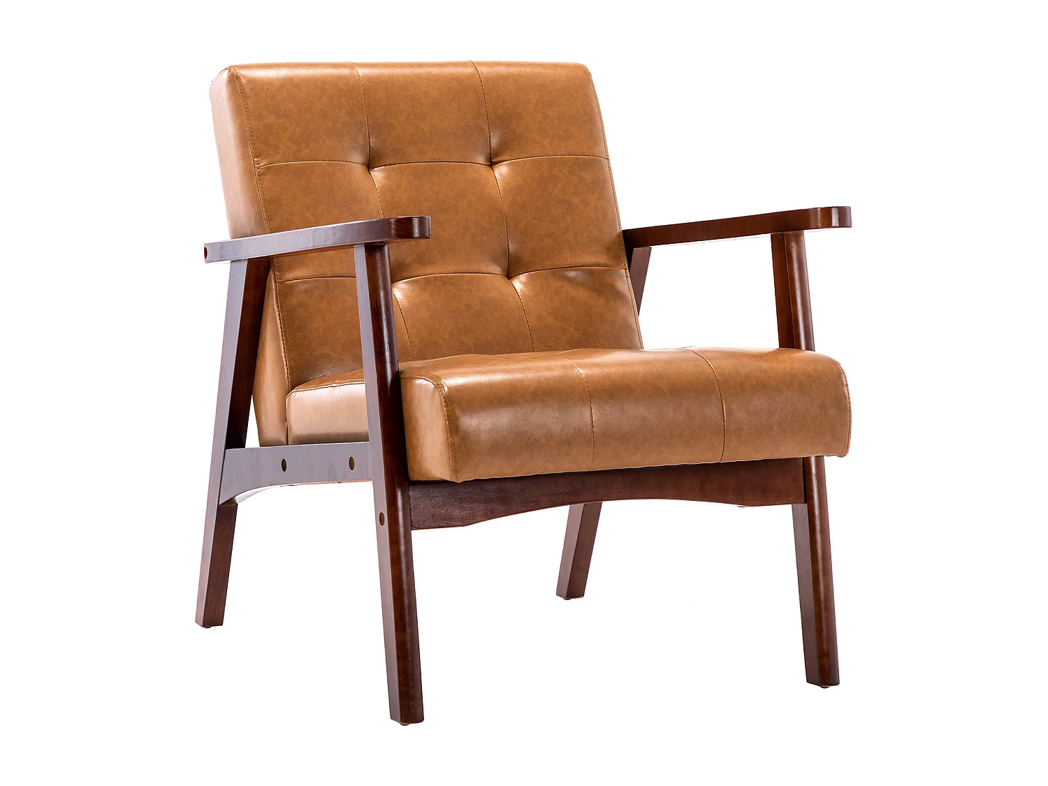 Scandinavisch design houten fauteuil met karamelleer - L 67 x B 76 x H 76 cm