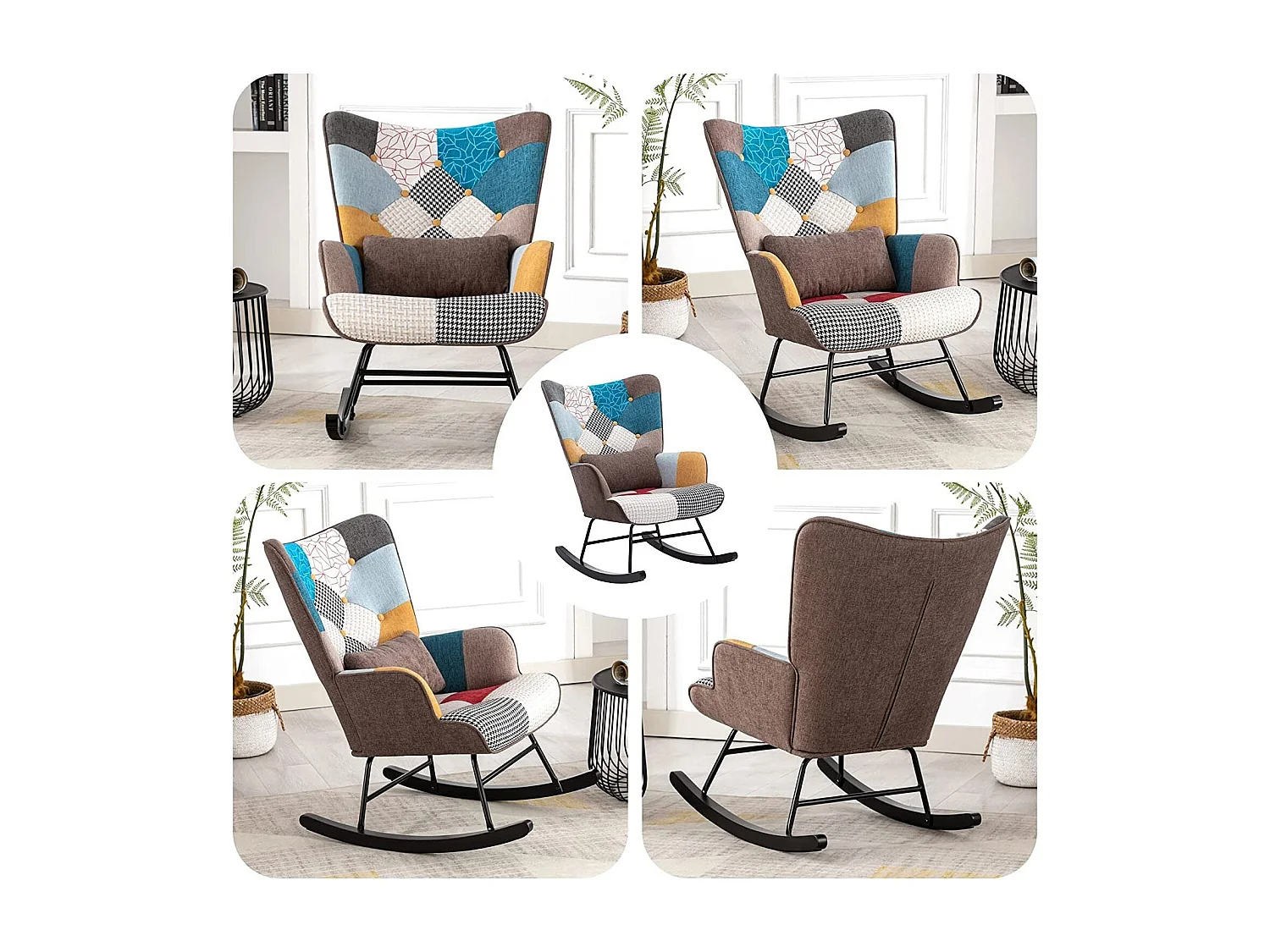 Mecedora de patchwork para lactancia de bebés con cojín, estilo escandinavo, tela de lino, madera de hevea