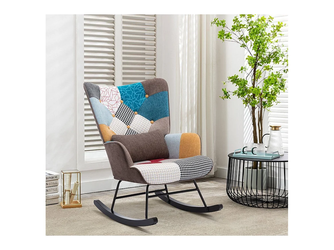 Patchwork schommelstoel, schommelstoel, babyvoeding met kussen, Scandinavische stijl, linnen stof, rubberhout