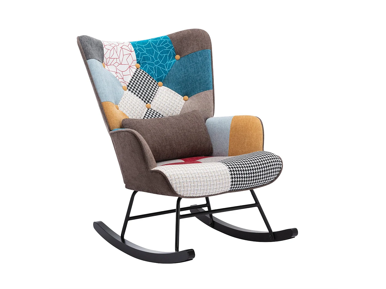 Fauteuil à Bascule Patchwork Rocking Chair Berçante Allaitement Bébé avec Oreiller Style Scandinave Tissu en Lin Bois d'Hévéa