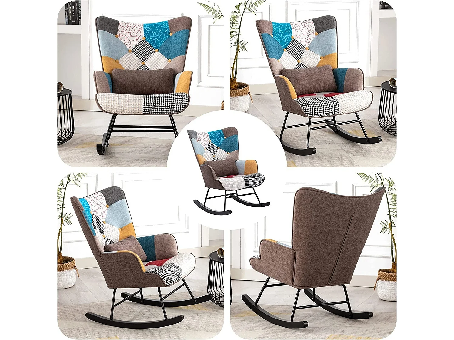 Fauteuil à Bascule Patchwork Rocking Chair Berçante Allaitement Bébé avec Oreiller Style Scandinave Tissu en Lin Bois d'Hévéa