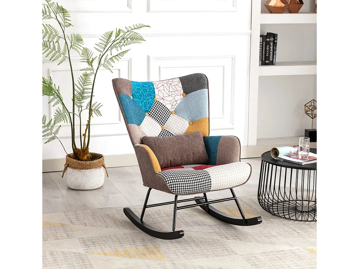 Fauteuil à Bascule Patchwork Rocking Chair Berçante Allaitement Bébé avec Oreiller Style Scandinave Tissu en Lin Bois d'Hévéa