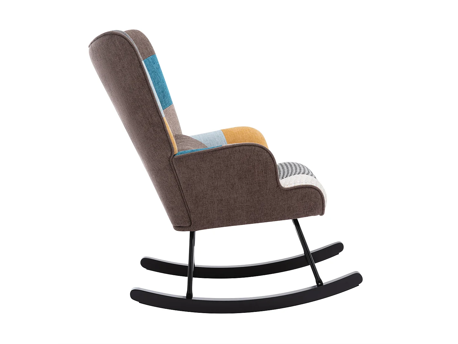 Fauteuil à Bascule Patchwork Rocking Chair Berçante Allaitement Bébé avec Oreiller Style Scandinave Tissu en Lin Bois d'Hévéa