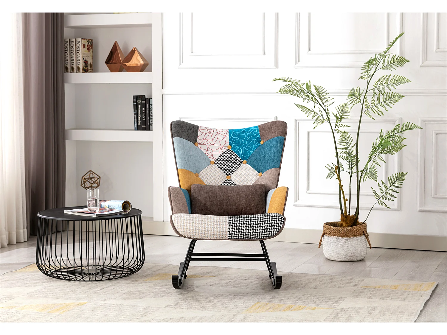 Fauteuil à Bascule Patchwork Rocking Chair Berçante Allaitement Bébé avec Oreiller Style Scandinave Tissu en Lin Bois d'Hévéa