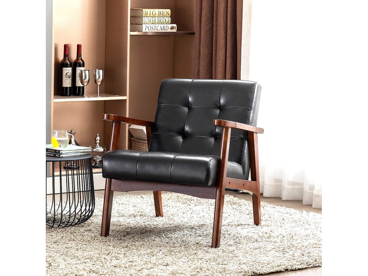 Fauteuil Médiéval Chaise Vintage en Similicuir Tufté avec Accoudoirs en Bois, Style Vintage, Tapissé en Bois Dur, Noir