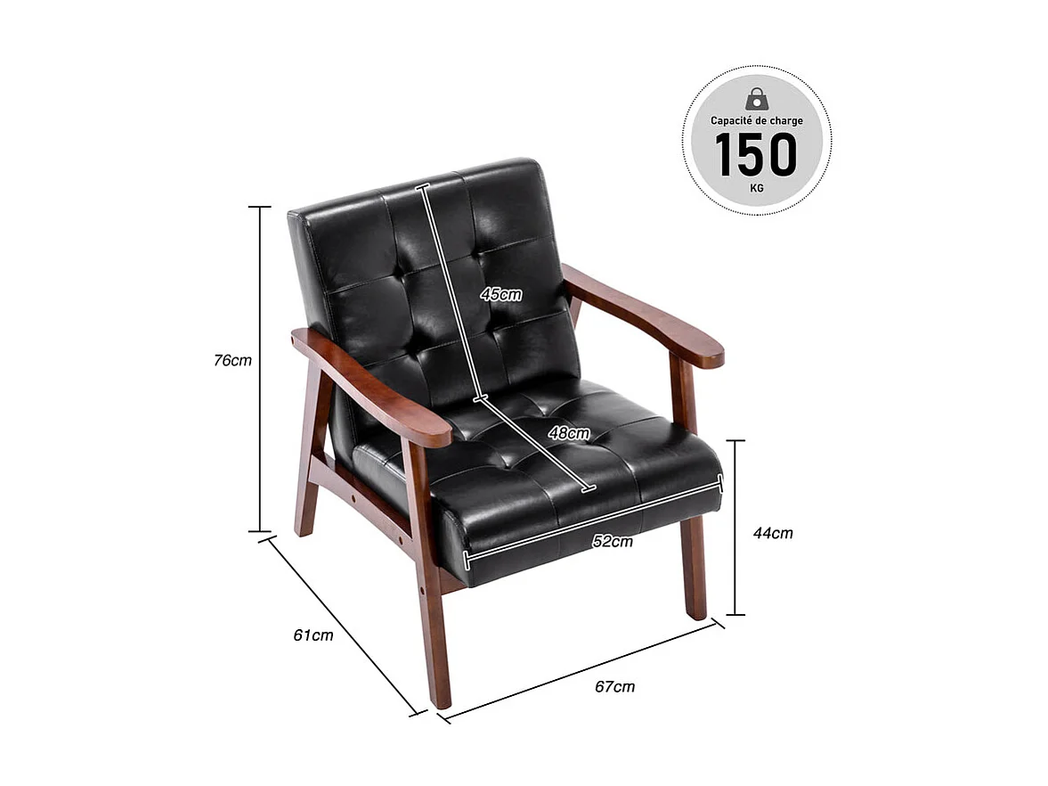 Fauteuil Médiéval Chaise Vintage en Similicuir Tufté avec Accoudoirs en Bois, Style Vintage, Tapissé en Bois Dur, Noir