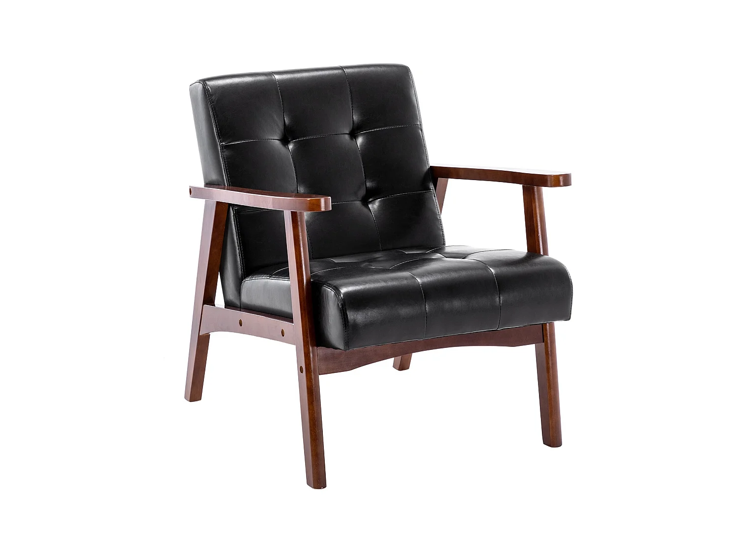 Middeleeuwse fauteuil, vintage stoel van imitatieleer met houten armleuningen, vintage stijl, hardhouten bekleding, zwart