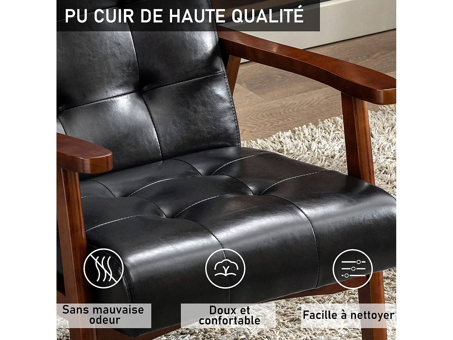 Middeleeuwse fauteuil, vintage stoel van imitatieleer met houten armleuningen, vintage stijl, hardhouten bekleding, zwart