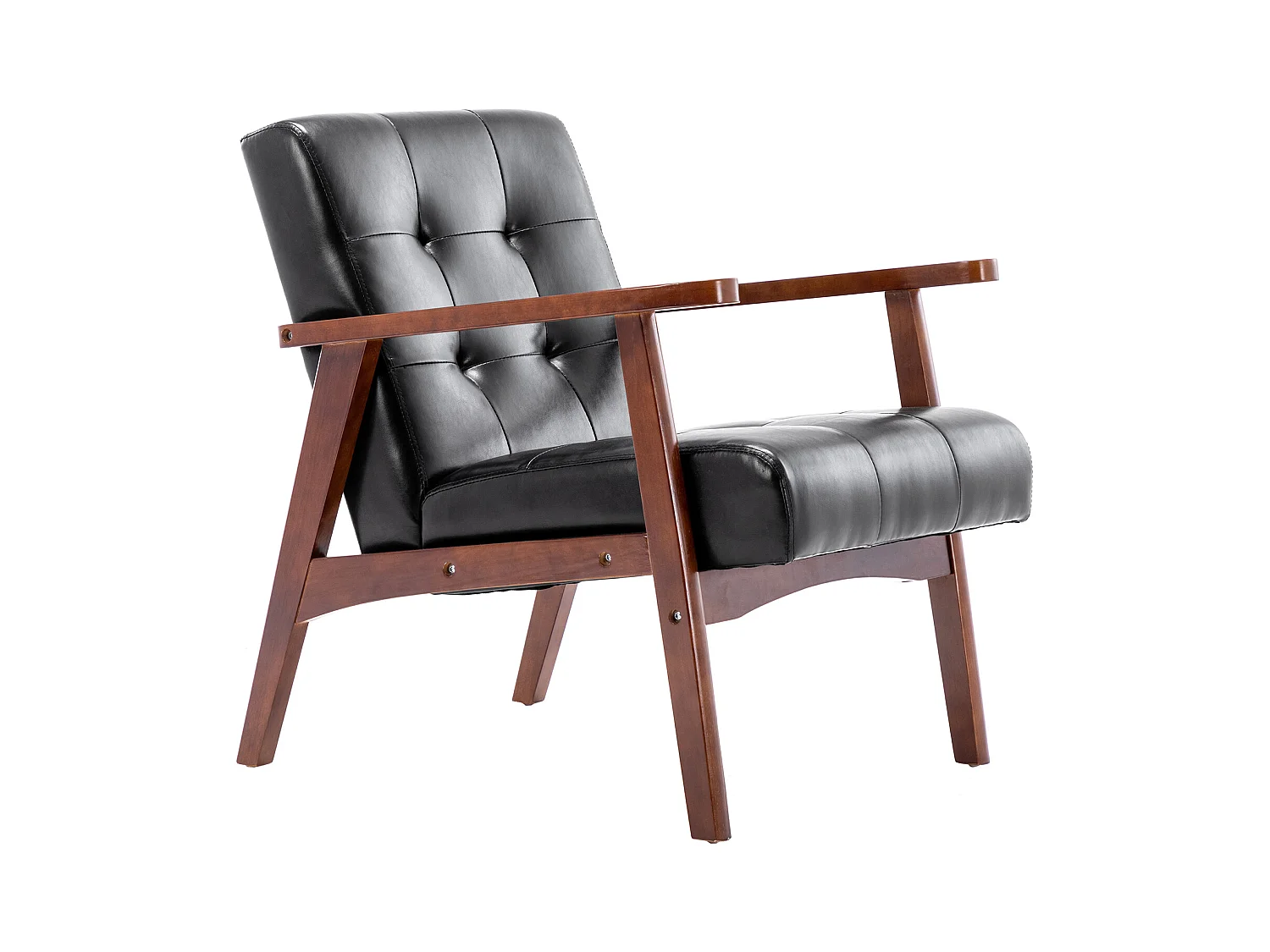 Middeleeuwse fauteuil, vintage stoel van imitatieleer met houten armleuningen, vintage stijl, hardhouten bekleding, zwart