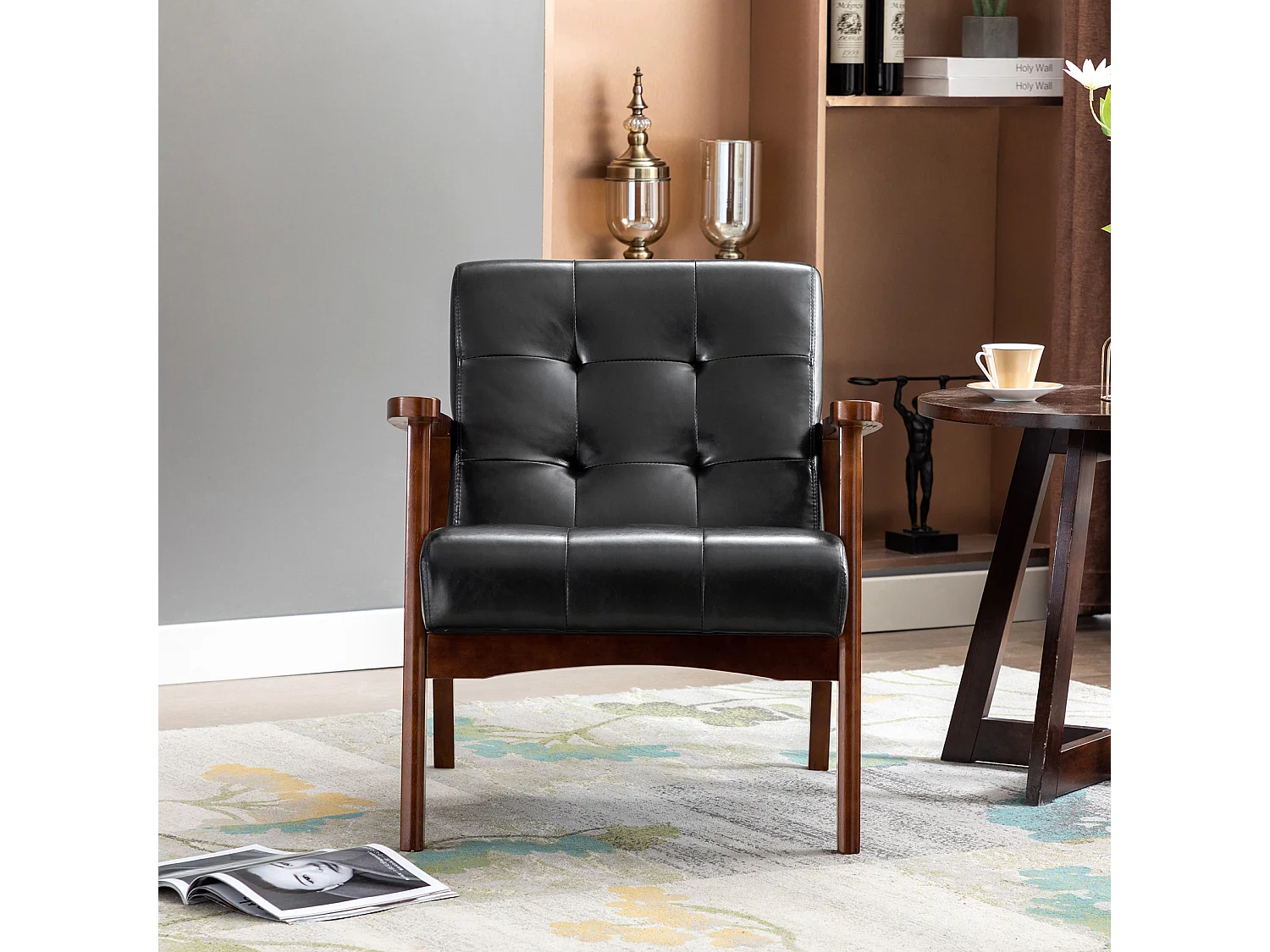 Fauteuil Médiéval Chaise Vintage en Similicuir Tufté avec Accoudoirs en Bois, Style Vintage, Tapissé en Bois Dur, Noir