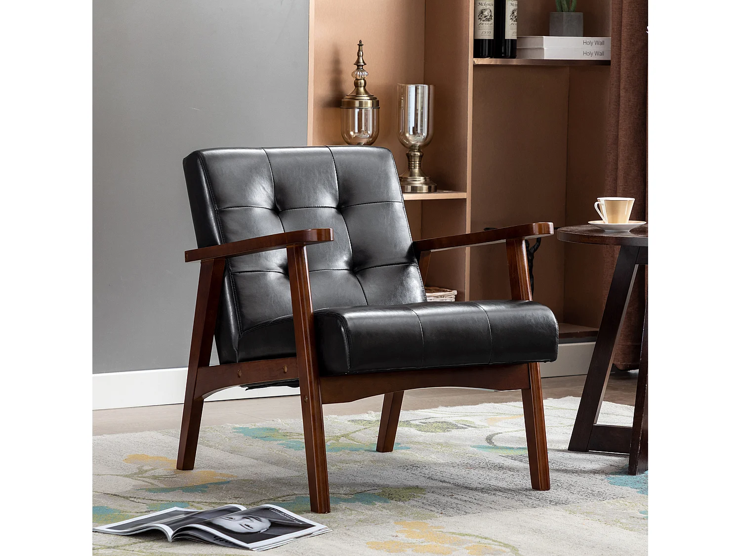 Fauteuil Médiéval Chaise Vintage en Similicuir Tufté avec Accoudoirs en Bois, Style Vintage, Tapissé en Bois Dur, Noir