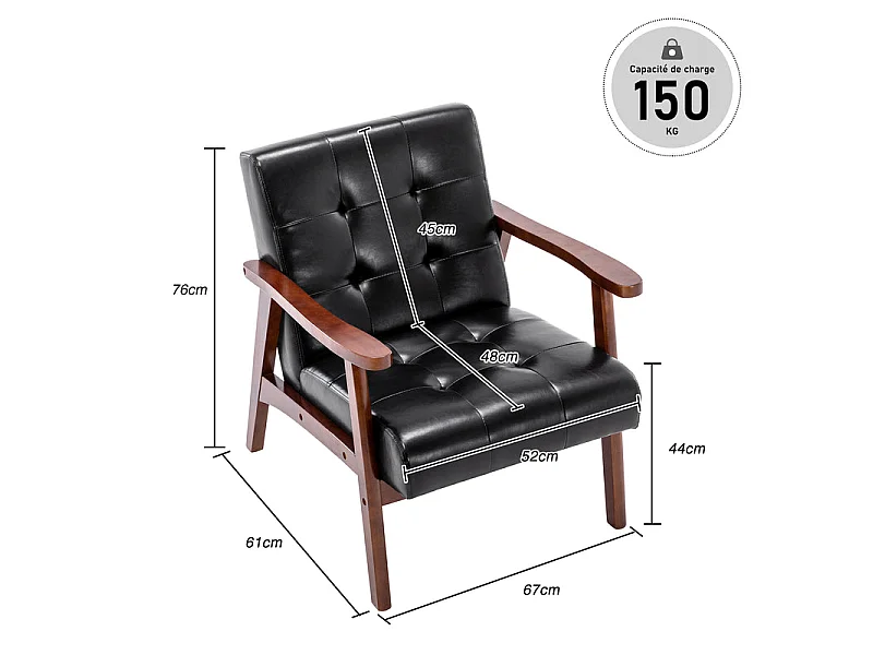 Fauteuil Médiéval Chaise Vintage en Similicuir Tufté avec Accoudoirs en Bois, Style Vintage, Tapissé en Bois Dur, Noir