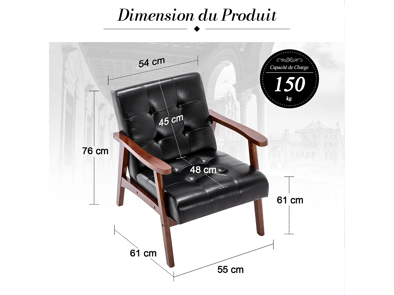 Fauteuil HomeMiYN, fauteuil de salon en simili cuir avec structure en bois, style rétro