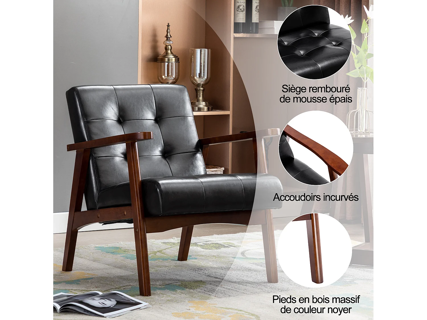 Fauteuil HomeMiYN, fauteuil de salon en simili cuir avec structure en bois, style rétro