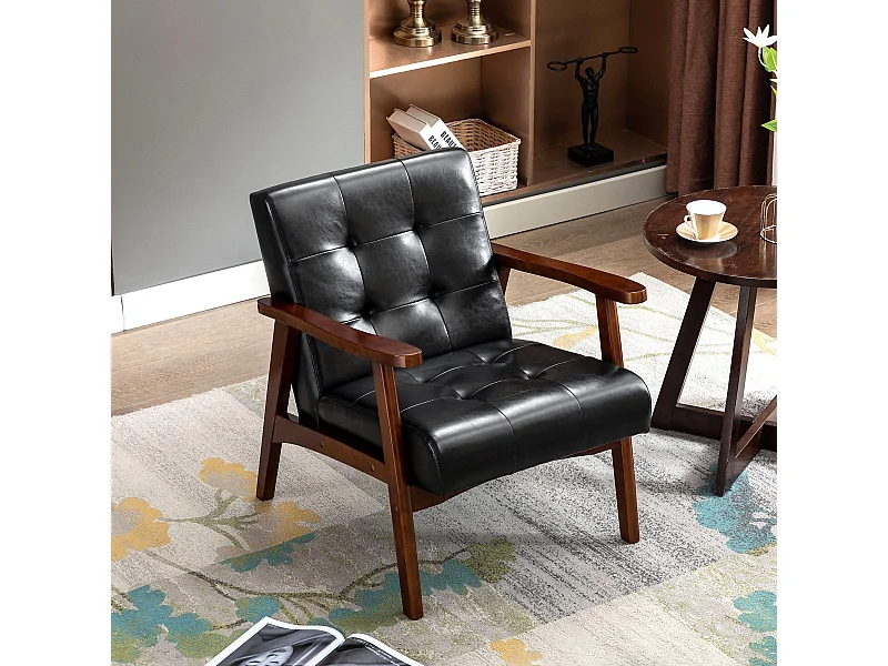 Fauteuil Médiéval Chaise Vintage en Similicuir Tufté avec Accoudoirs en Bois, Style Vintage, Tapissé en Bois Dur, Noir