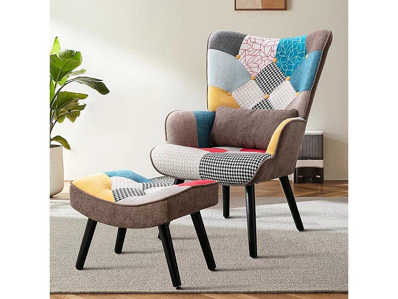 Oorfauteuil, relaxstoel met kruk, patchworkstoel, oorfauteuil, woonkamerstoel