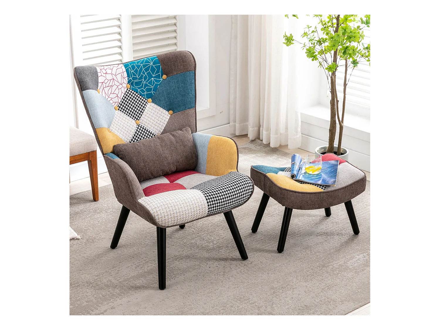 Oorfauteuil, relaxstoel met kruk, patchworkstoel, oorfauteuil, woonkamerstoel