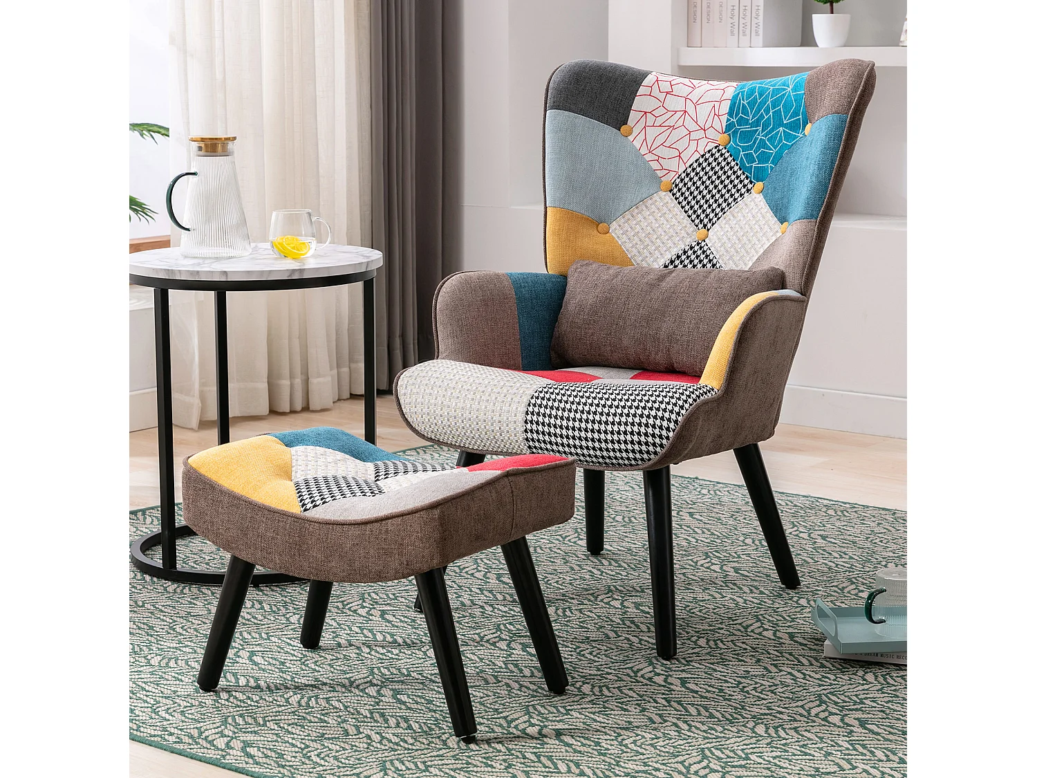 Oorfauteuil, relaxstoel met kruk, patchworkstoel, oorfauteuil, woonkamerstoel