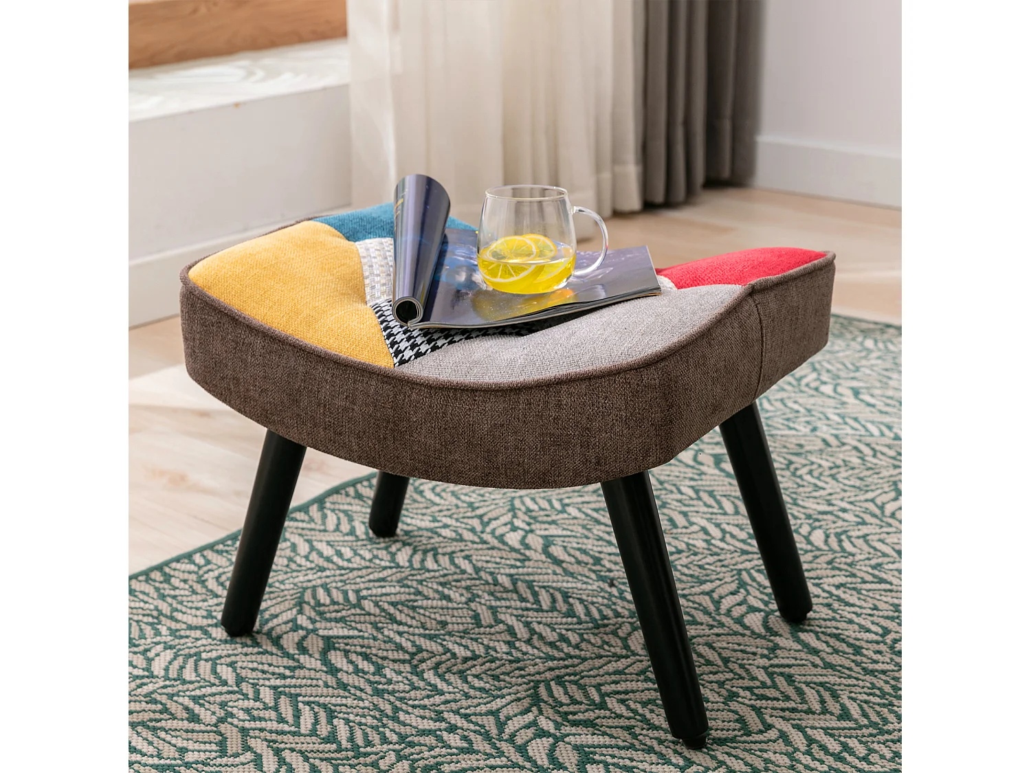 Oorfauteuil, relaxstoel met kruk, patchworkstoel, oorfauteuil, woonkamerstoel