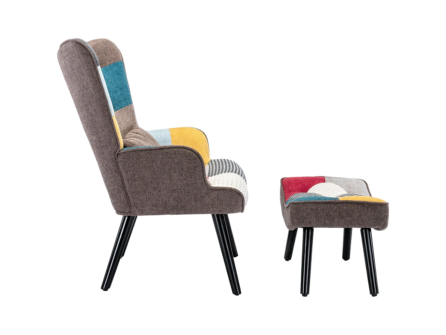 Oorfauteuil, relaxstoel met kruk, patchworkstoel, oorfauteuil, woonkamerstoel