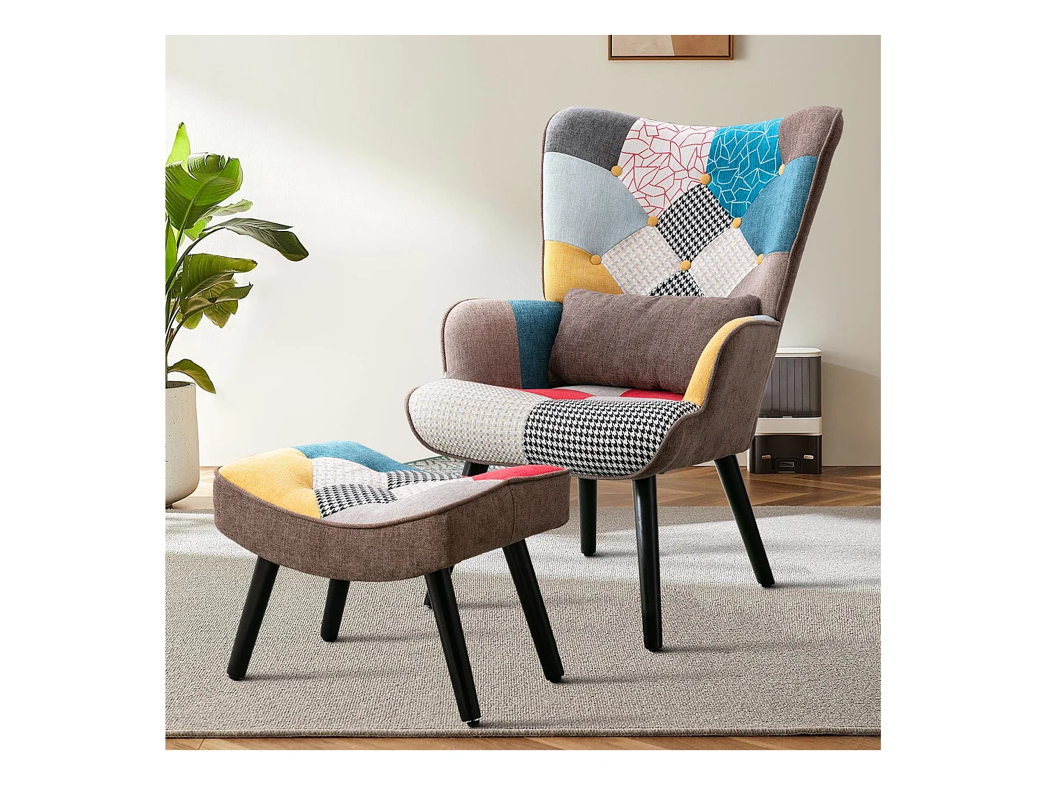 Fauteuil à oreilles fauteuil de relaxation avec tabouret fauteuil patchwork fauteuil à oreilles fauteuil salon