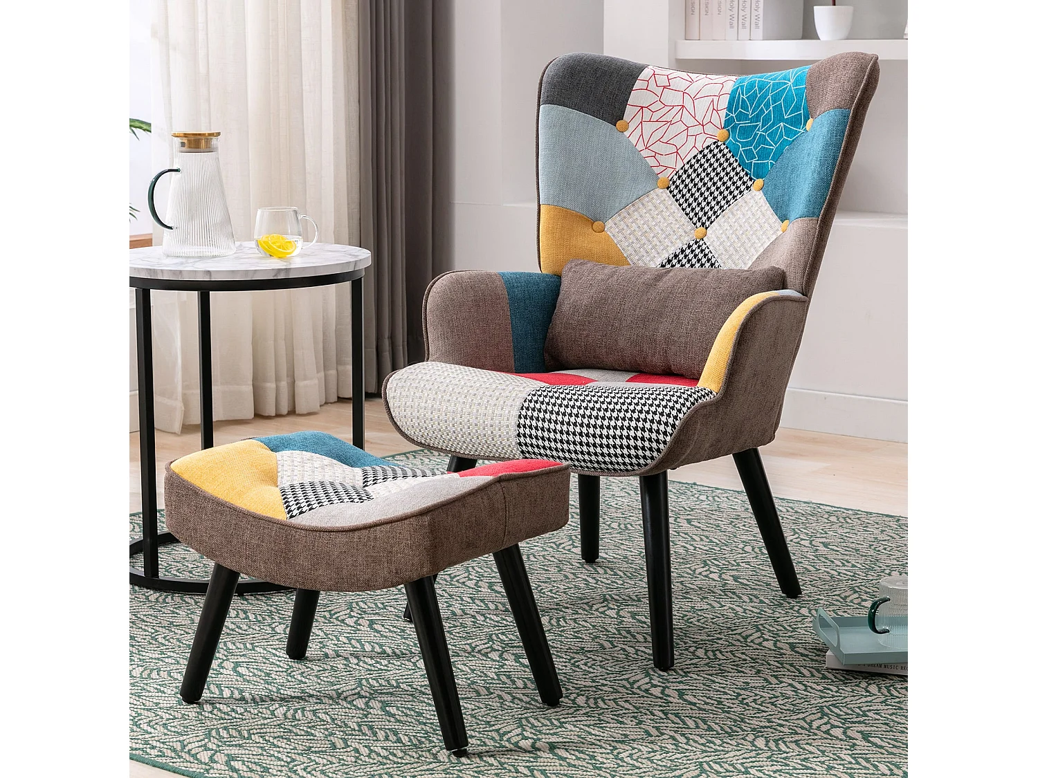 Oorfauteuil, relaxstoel met kruk, patchworkstoel, oorfauteuil, woonkamerstoel