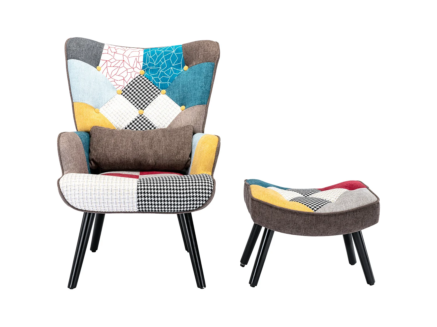 Oorfauteuil, relaxstoel met kruk, patchworkstoel, oorfauteuil, woonkamerstoel