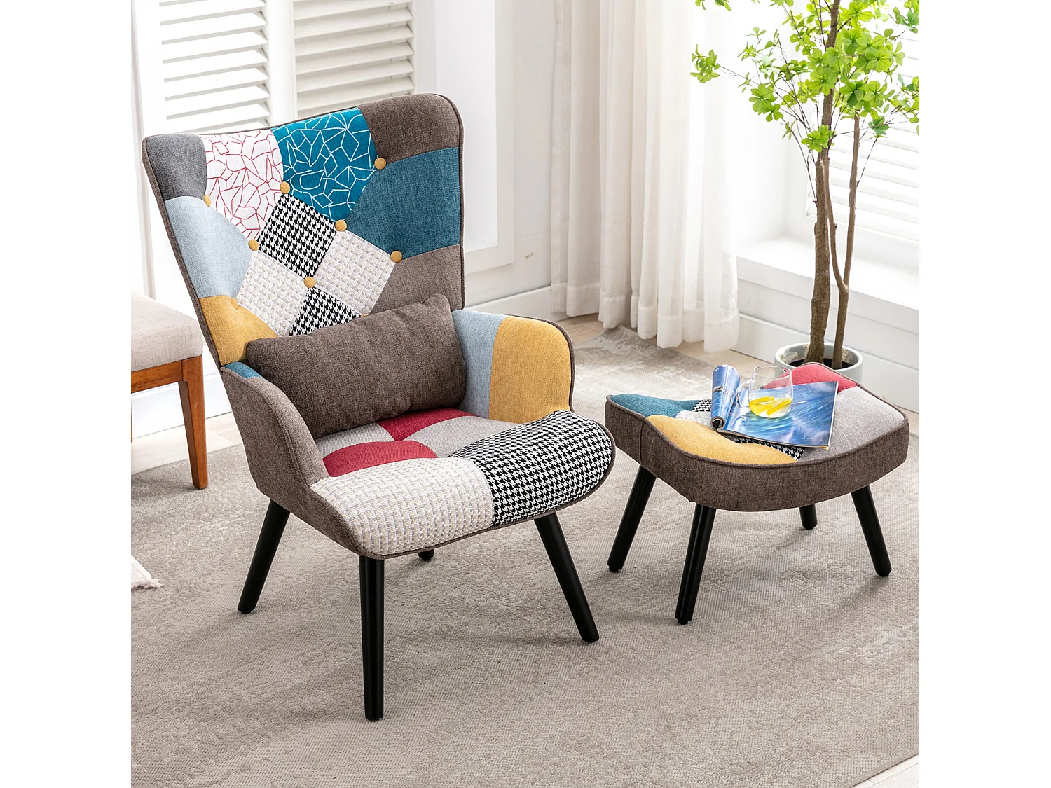 Fauteuil à oreilles fauteuil de relaxation avec tabouret fauteuil patchwork fauteuil à oreilles fauteuil salon