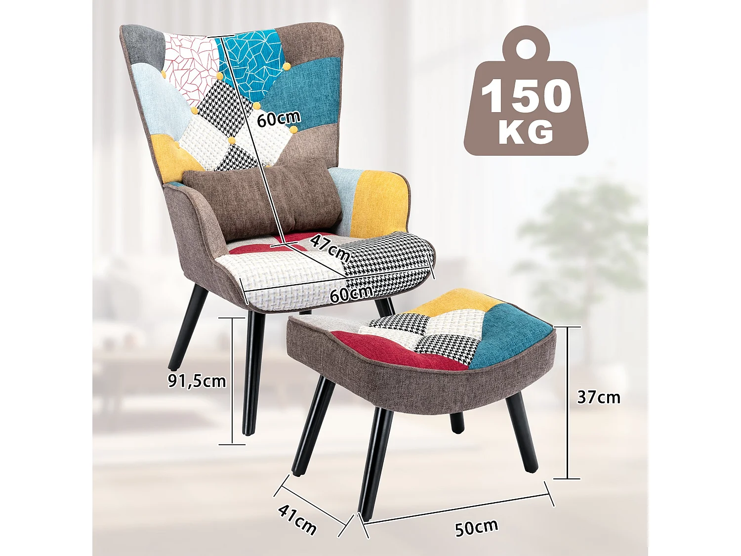 Fauteuil à oreilles fauteuil de relaxation avec tabouret fauteuil patchwork fauteuil à oreilles fauteuil salon