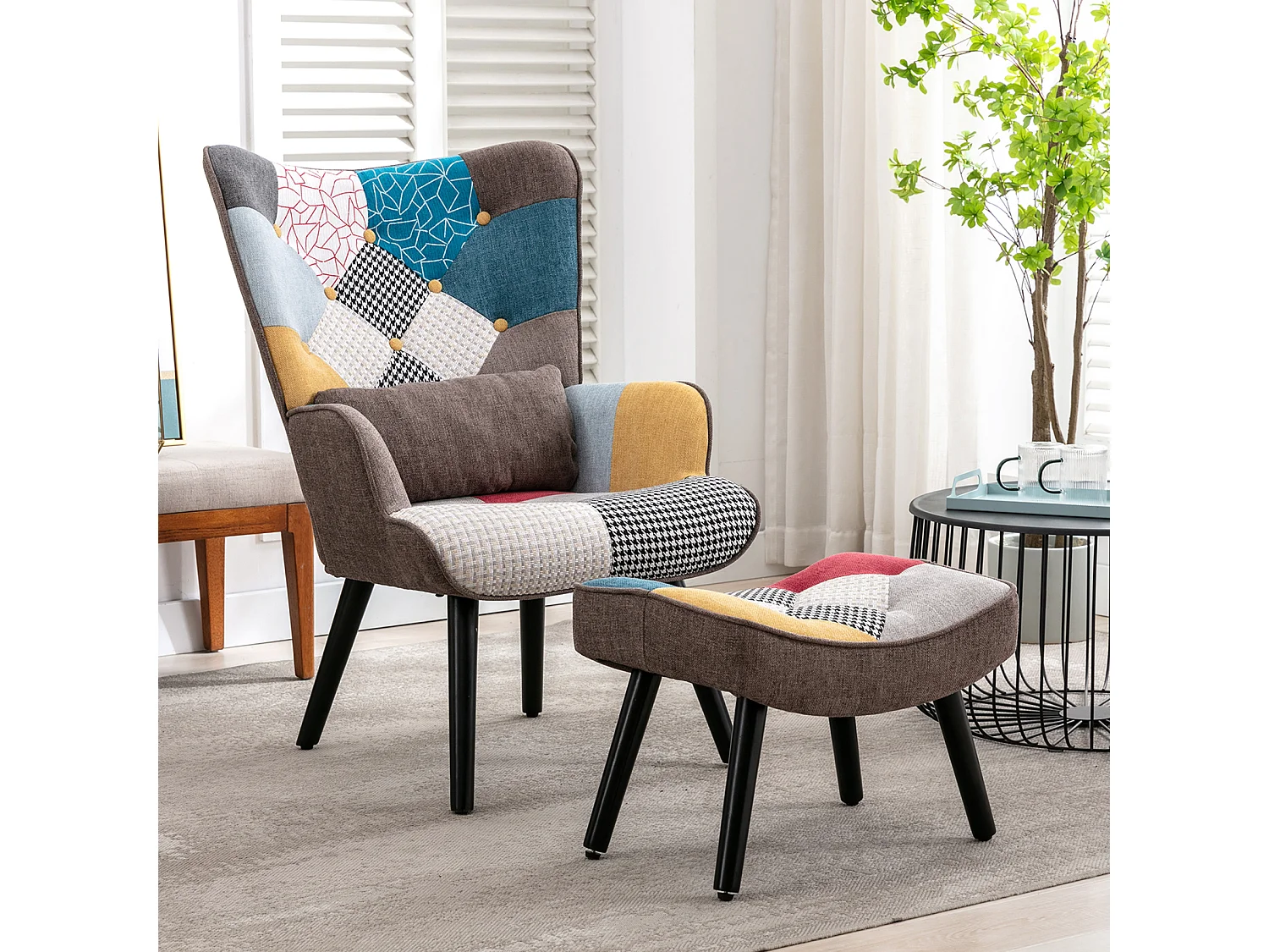 Fauteuil à oreilles fauteuil de relaxation avec tabouret fauteuil patchwork fauteuil à oreilles fauteuil salon