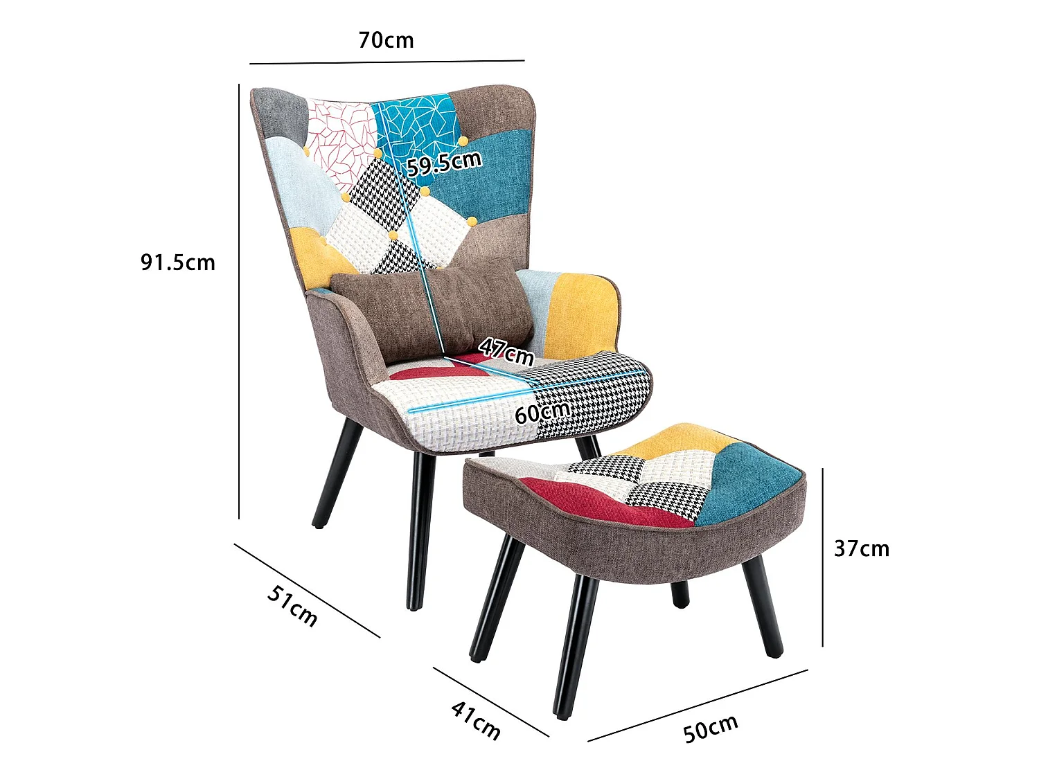 Fauteuil à oreilles fauteuil de relaxation avec tabouret fauteuil patchwork fauteuil à oreilles fauteuil salon