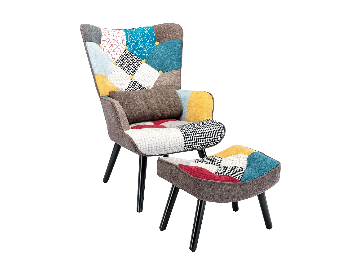 Ohrensessel, Relaxsessel mit Ottomane, Patchworksessel, Ohrensessel, Wohnzimmersessel