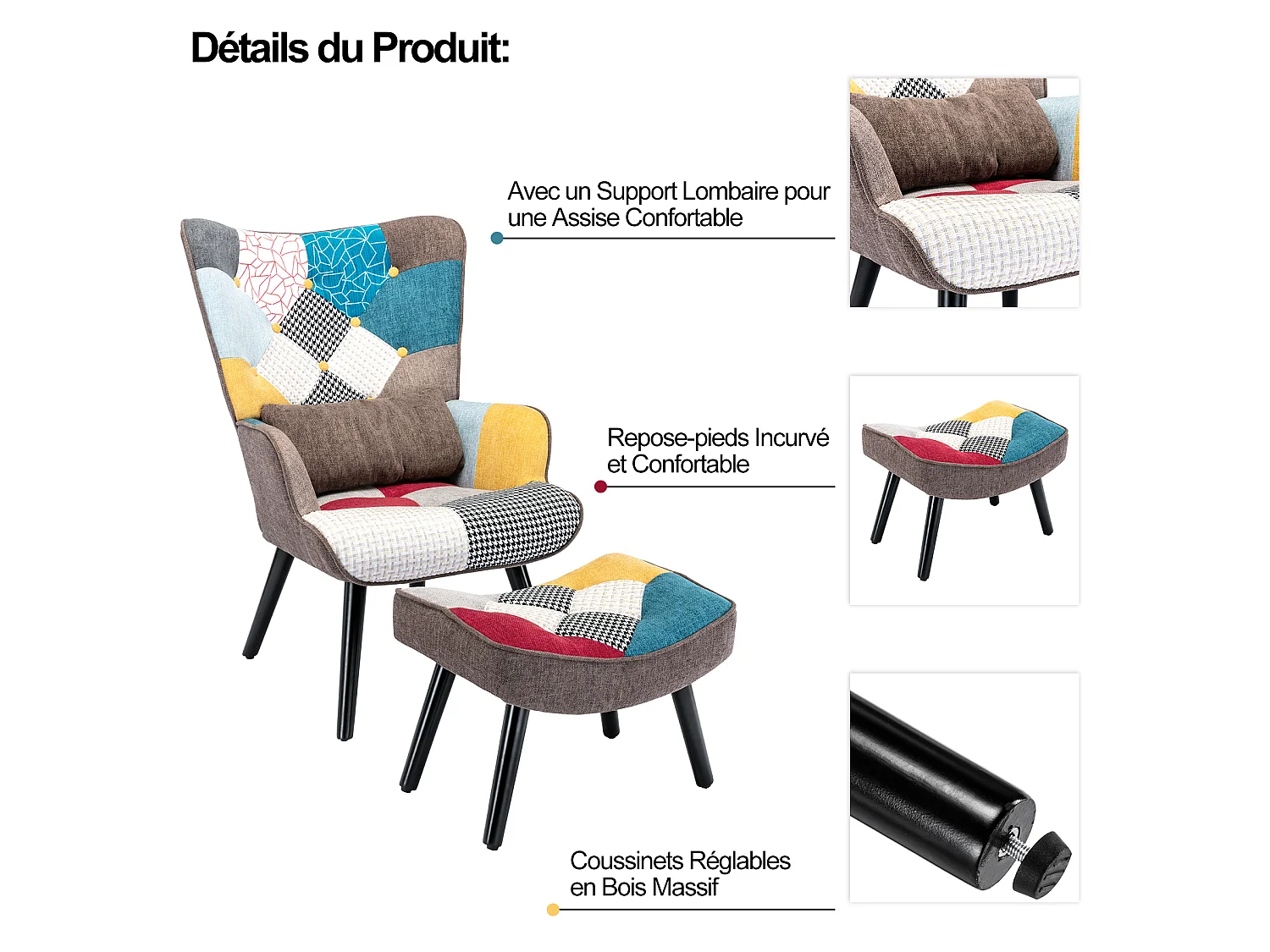 Ohrensessel, Relaxsessel mit Ottomane, Patchworksessel, Ohrensessel, Wohnzimmersessel
