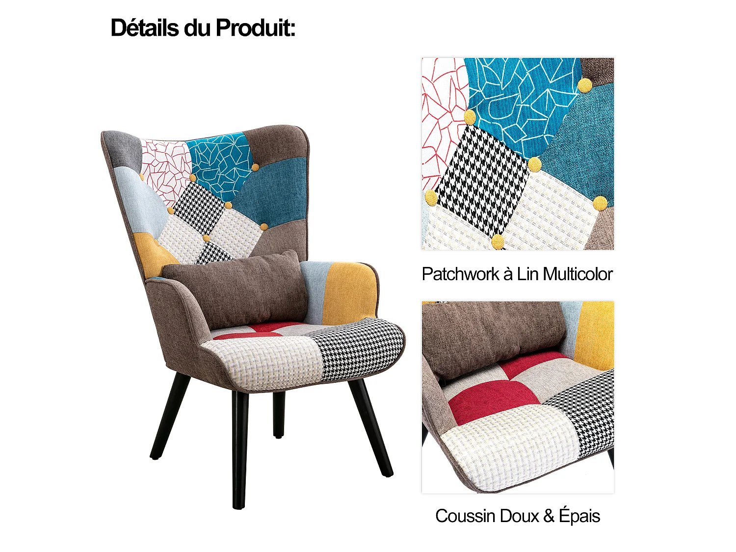 Ohrensessel, Relaxsessel mit Ottomane, Patchworksessel, Ohrensessel, Wohnzimmersessel