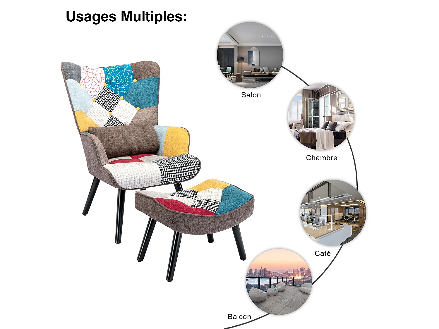 Ohrensessel, Relaxsessel mit Ottomane, Patchworksessel, Ohrensessel, Wohnzimmersessel