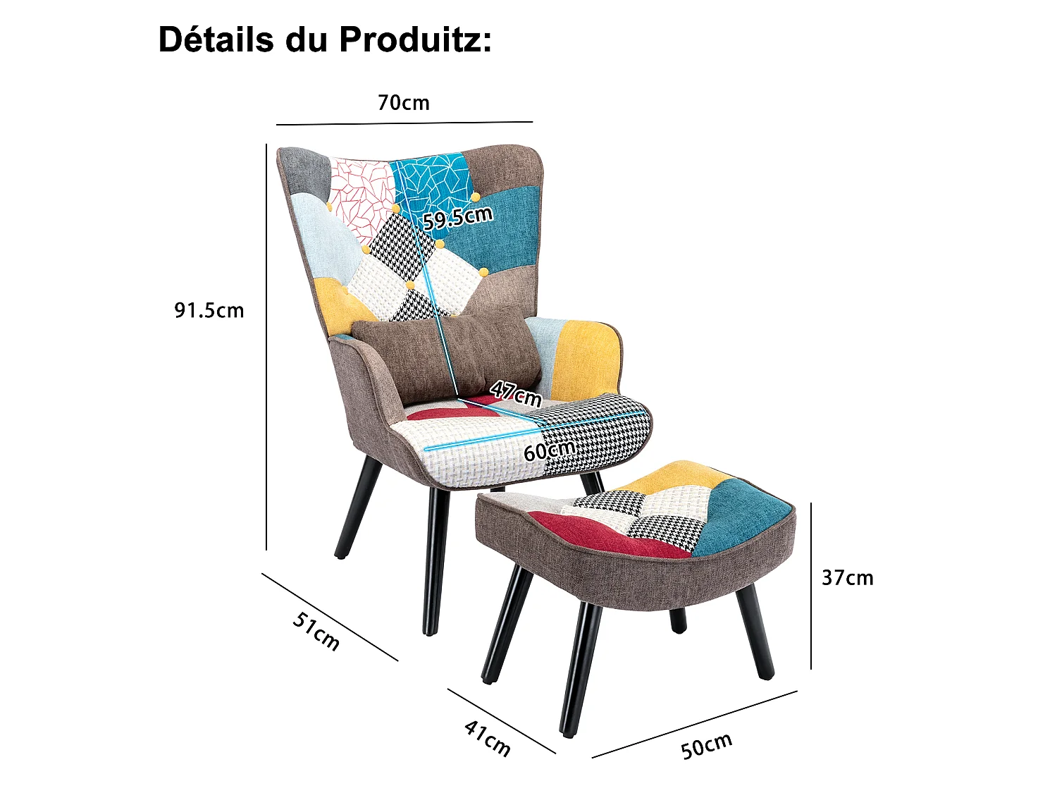 Ohrensessel, Relaxsessel mit Ottomane, Patchworksessel, Ohrensessel, Wohnzimmersessel