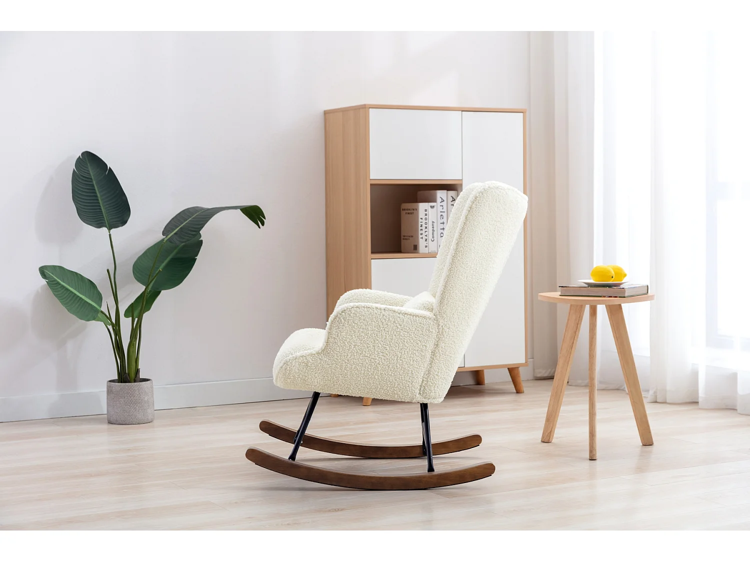 Fauteuil à Bascule Chaise Berçante Allaitement Bébé en Tissu Bouclette Rocking Chair Style Scandinave en Bois d'Hévéa, Beige