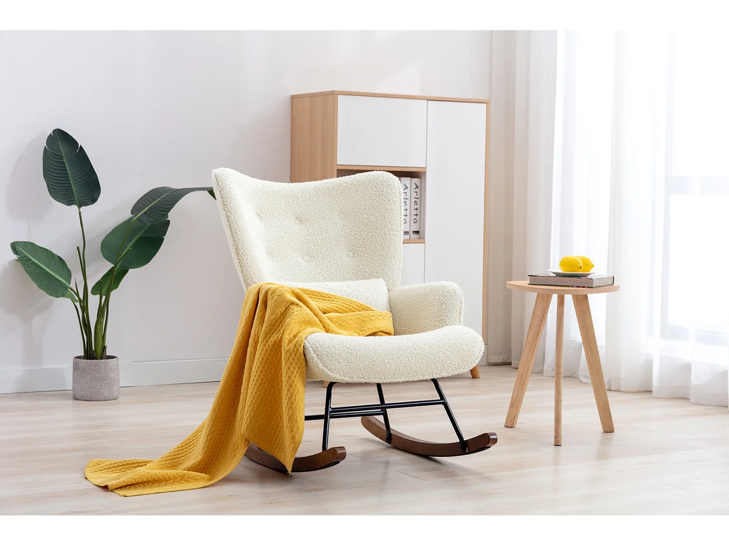 Fauteuil à Bascule Chaise Berçante Allaitement Bébé en Tissu Bouclette Rocking Chair Style Scandinave en Bois d'Hévéa, Beige