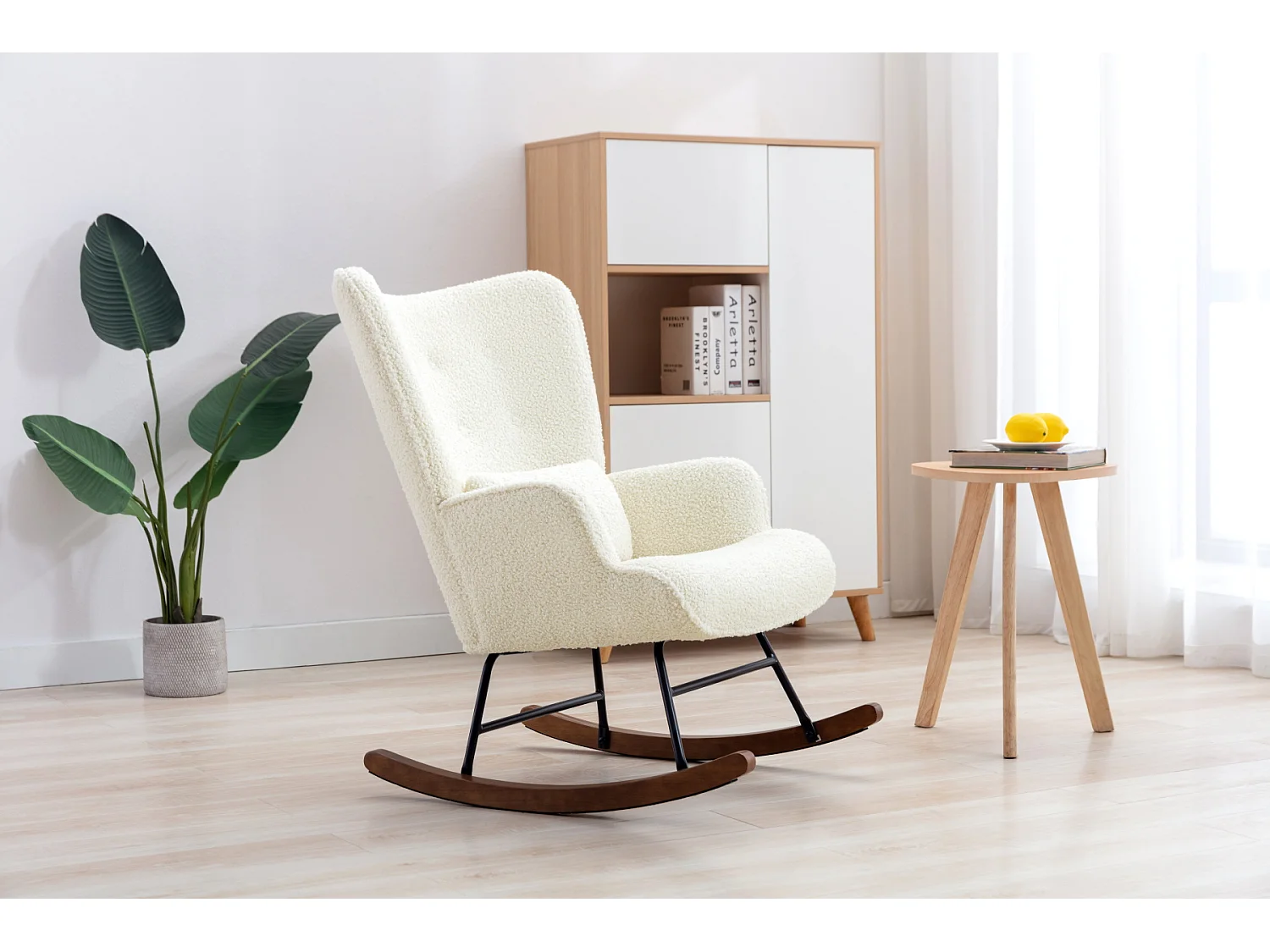 Fauteuil à Bascule Chaise Berçante Allaitement Bébé en Tissu Bouclette Rocking Chair Style Scandinave en Bois d'Hévéa, Beige
