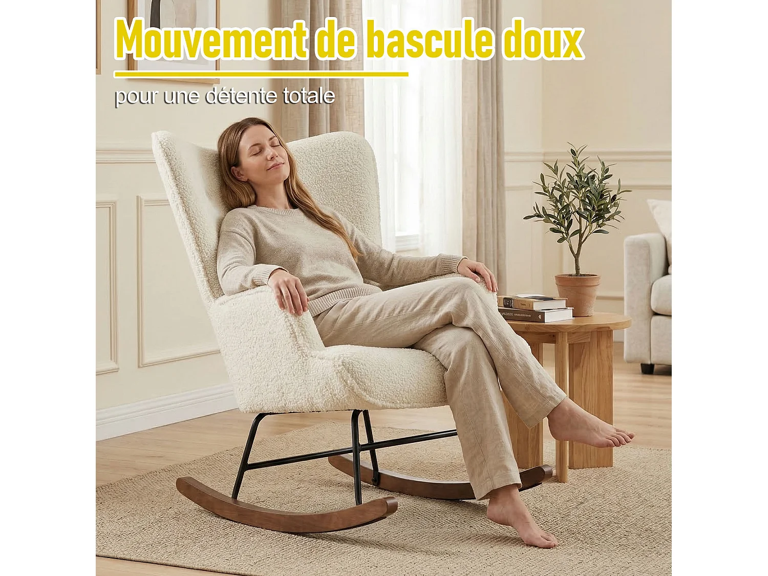 Fauteuil à Bascule Chaise Berçante Allaitement Bébé en Tissu Bouclette Rocking Chair Style Scandinave en Bois d'Hévéa, Beige