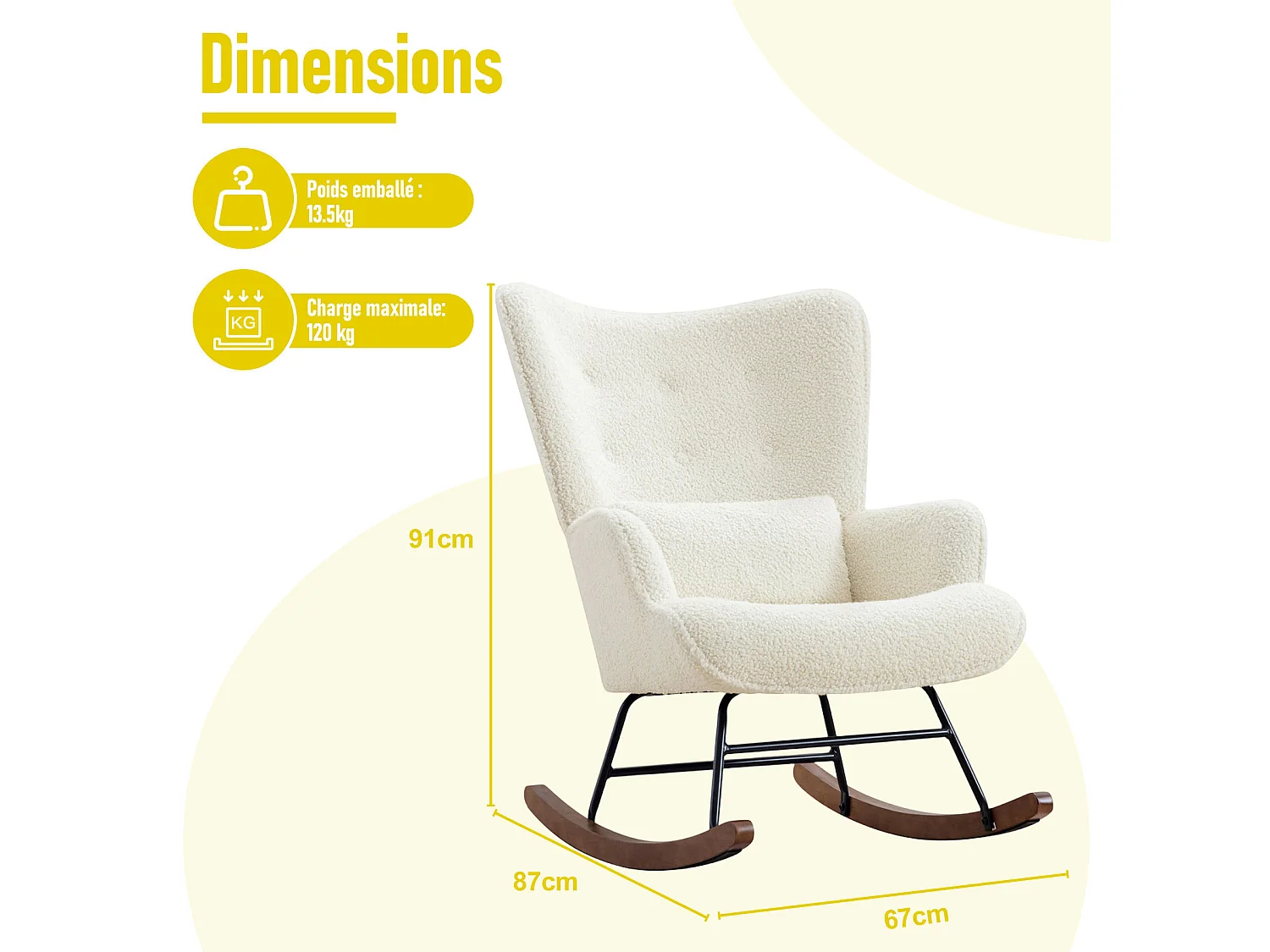 Fauteuil à Bascule Chaise Berçante Allaitement Bébé en Tissu Bouclette Rocking Chair Style Scandinave en Bois d'Hévéa, Beige