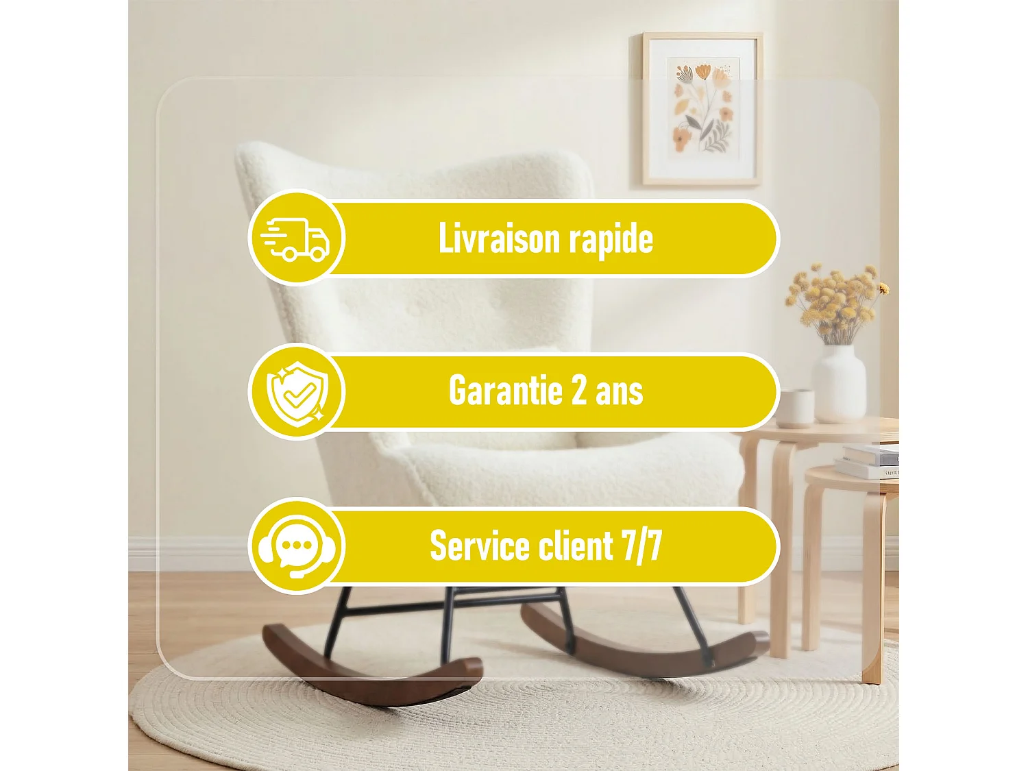 Fauteuil à Bascule Chaise Berçante Allaitement Bébé en Tissu Bouclette Rocking Chair Style Scandinave en Bois d'Hévéa, Beige