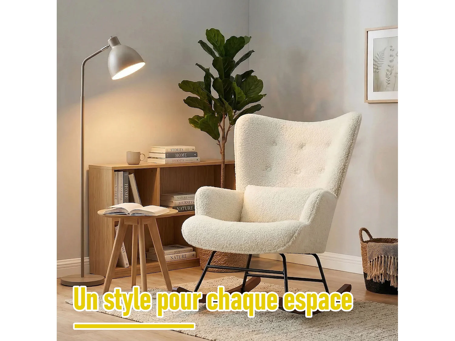 Fauteuil à Bascule Chaise Berçante Allaitement Bébé en Tissu Bouclette Rocking Chair Style Scandinave en Bois d'Hévéa, Beige