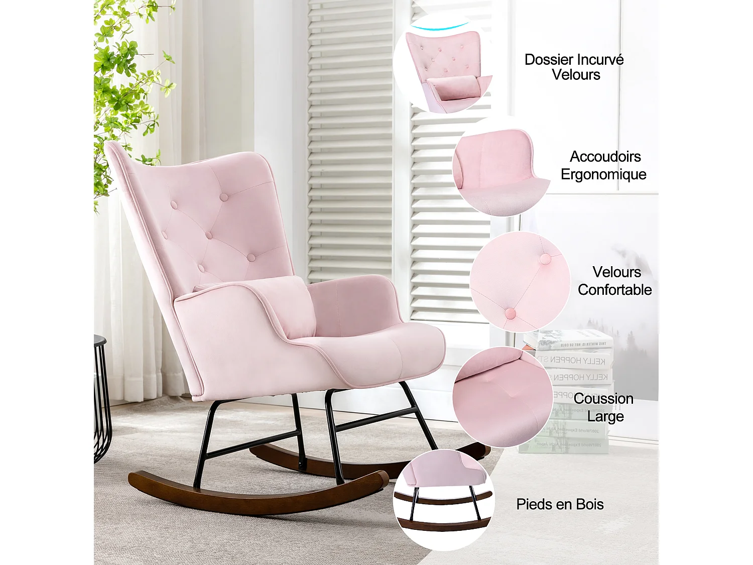 Mecedora moderna tapizada en terciopelo para sala de estar, mecedora con respaldo alto y patas de madera, color rosa